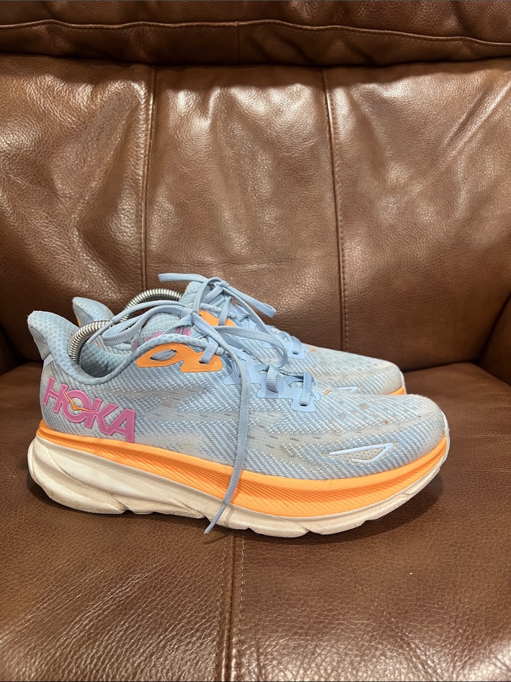 Hoka Clifton 9Light Blue Running Sneakers with Orange & Pink Accents Size 9 B